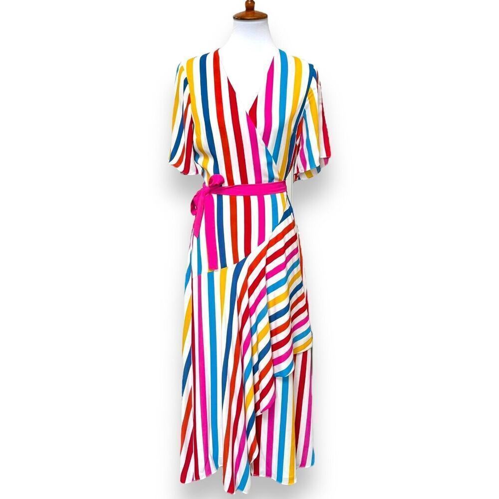 Color Me Courtney Womens Taira Wrap Dress Multicolor Stripe Short Sleeve Tie M